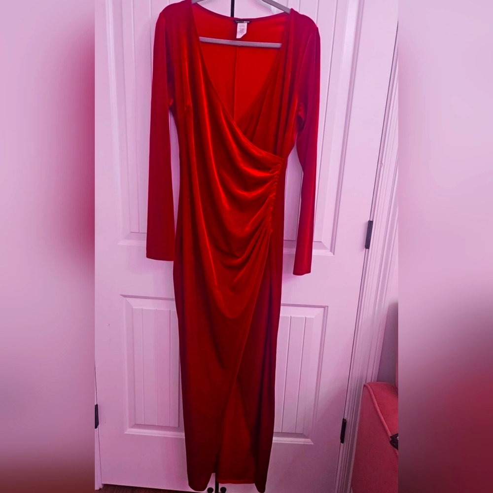 Fashion Nova Red Ruched Long Sleeve Gown